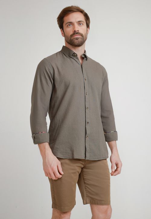 Camisa Hombre Mezcla Lino Algodón Liso Slim Braulio Charcoal