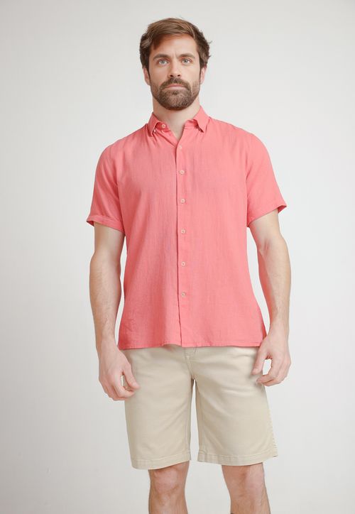 Camisa Hombre Mezcla Lino Algodón Liso Slim Boris Coral