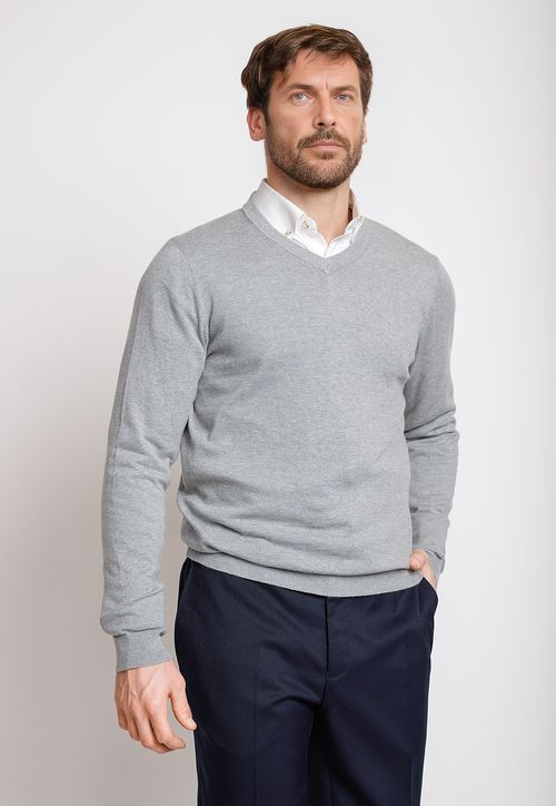 Sweater Formal Hombre Mezcla Algodón Seda Slim Cuello V Gris Melange