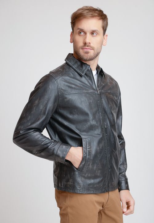Chaqueta Hombre Cuero Liso Slim Aaron Negro