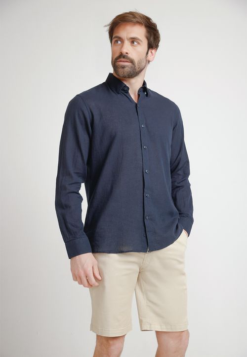 Camisa Hombre Mezcla Lino Algodón Liso Slim Braulio Azul Marino