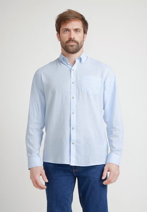 Camisa Hombre Mezcla Lino Algodón Diseño Slim Bron Celeste