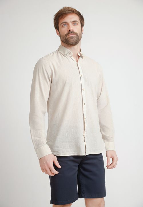Camisa Hombre Mezcla Lino Algodón Liso Slim Braulio Arena