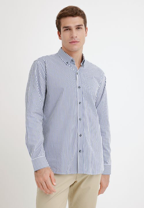 Camisa Hombre Algodón Rayas Slim Beemer Blanco/Azul