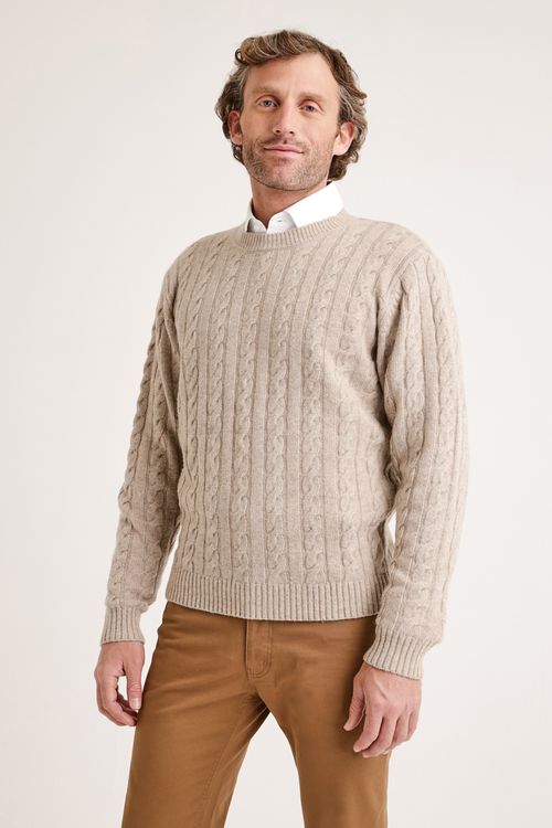Sweater hombre cuello redondo trenzado beige