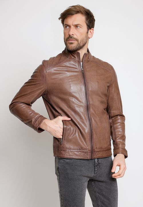 Chaqueta de cuero hombre café