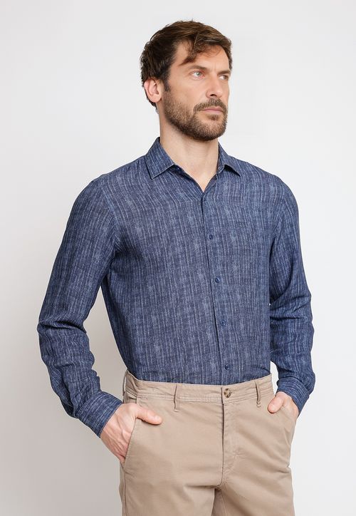 Camisa Hombre Mezcla Algodón Lino Liso Slim Europe Azul