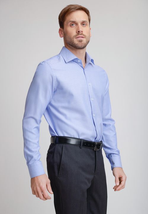 Camisa Formal Hombre Algodón Microdiseño Slim Italiana Azul