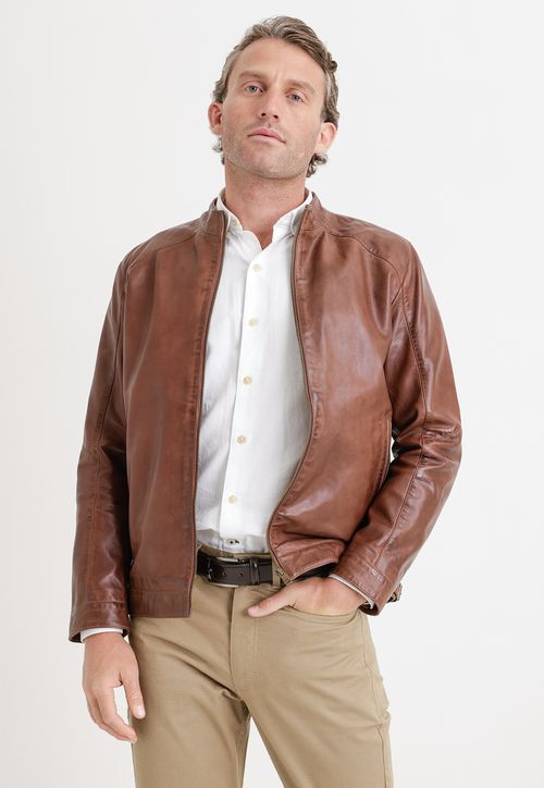 Chaqueta Hombre Cuero Liso Slim Amancio Tan