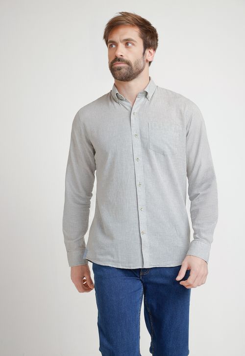 Camisa Hombre Mezcla Lino Algodón Diseño Slim Bron Verde