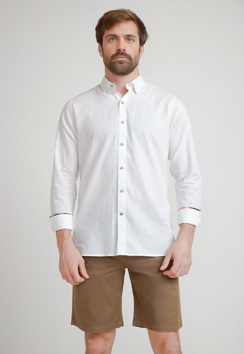 Camisa Hombre Mezcla Lino Algodón Liso Slim Braulio Blanco