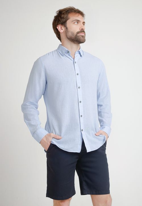 Camisa Hombre Mezcla Lino Algodón Liso Slim Braulio Celeste