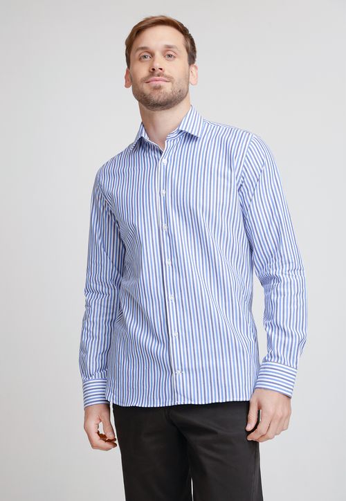 Camisa Hombre Algodón Rayas Slim Italiana Azul