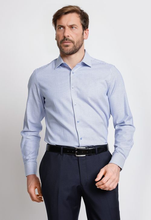 Camisa Formal Hombre Mezcla Algodón Líneas Slim Dynamic Blanco/Celeste