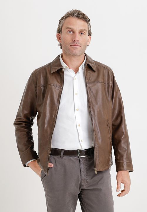 Chaqueta Hombre Cuero Liso Slim Aaron Café