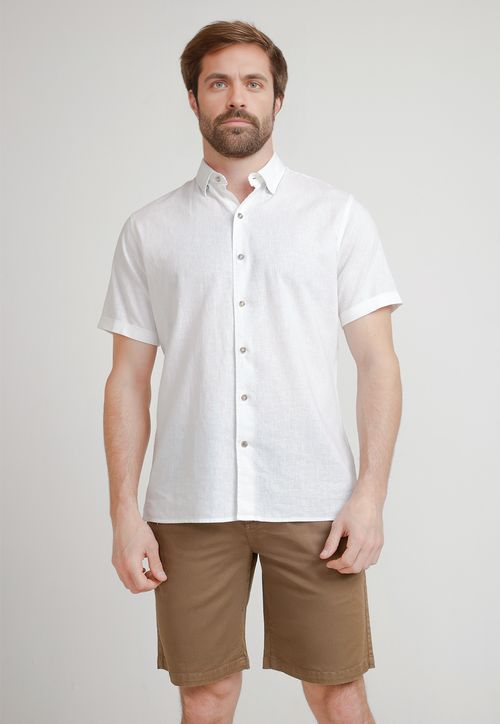 Camisa Hombre Mezcla Lino Algodón Liso Slim Boris Blanco