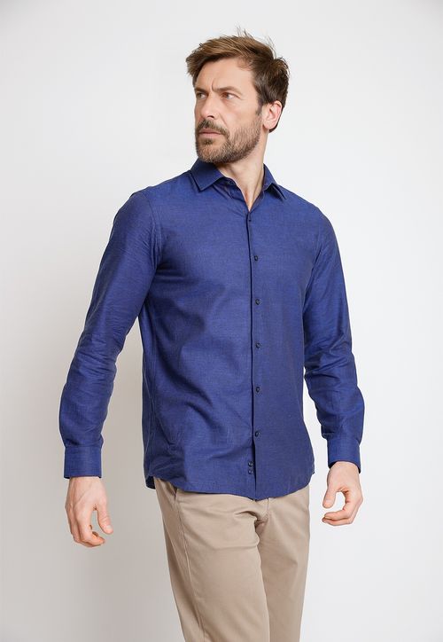 Camisa Hombre Mezcla Viscosa Lino Liso Slim Europe Azul Marino