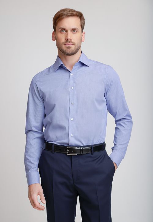 Camisa Formal Hombre Algodón Microdiseño Slim Italiana Azul