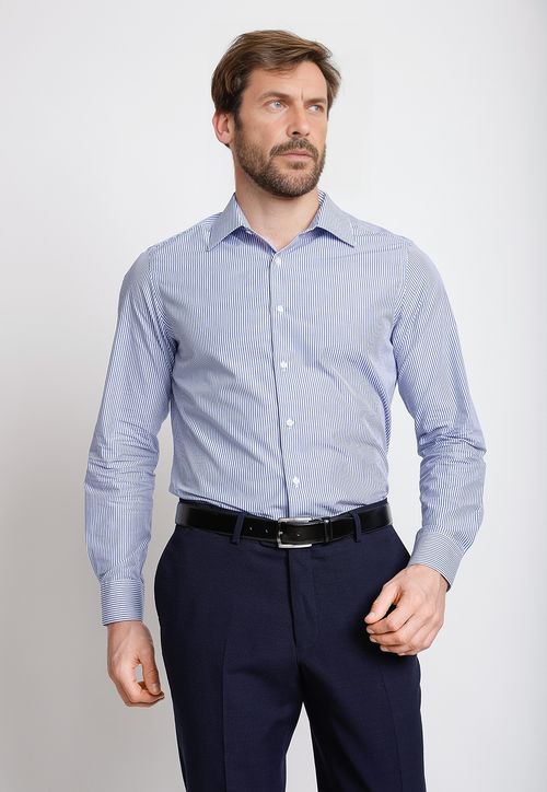 Camisa Formal Hombre Lino Líneas Slim Vercelli Blanco/Azul