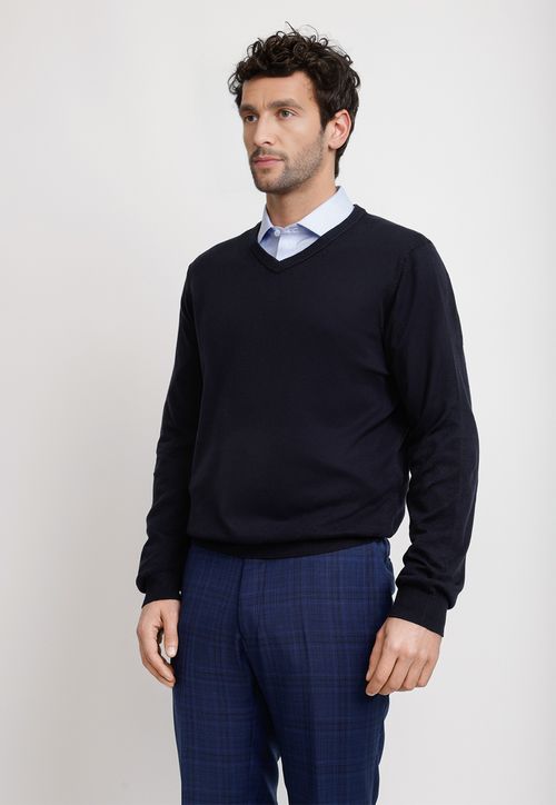 Sweater Cuello V Lana Seda Azul Marino