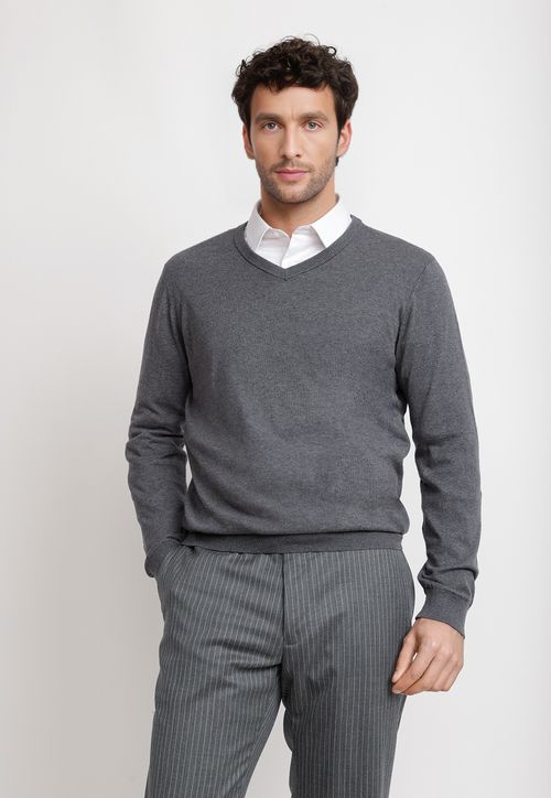 Sweater Cuello V Algodón Seda Gris