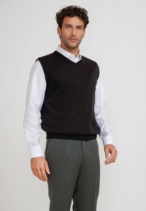 Sweater Cuello V Sin Mangas Lana Seda Negro