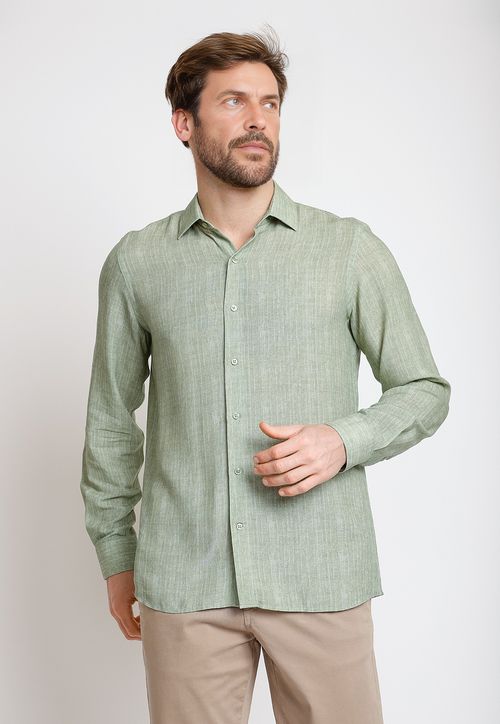 Camisa Hombre Mezcla Viscosa Lino Liso Slim Europe Verde
