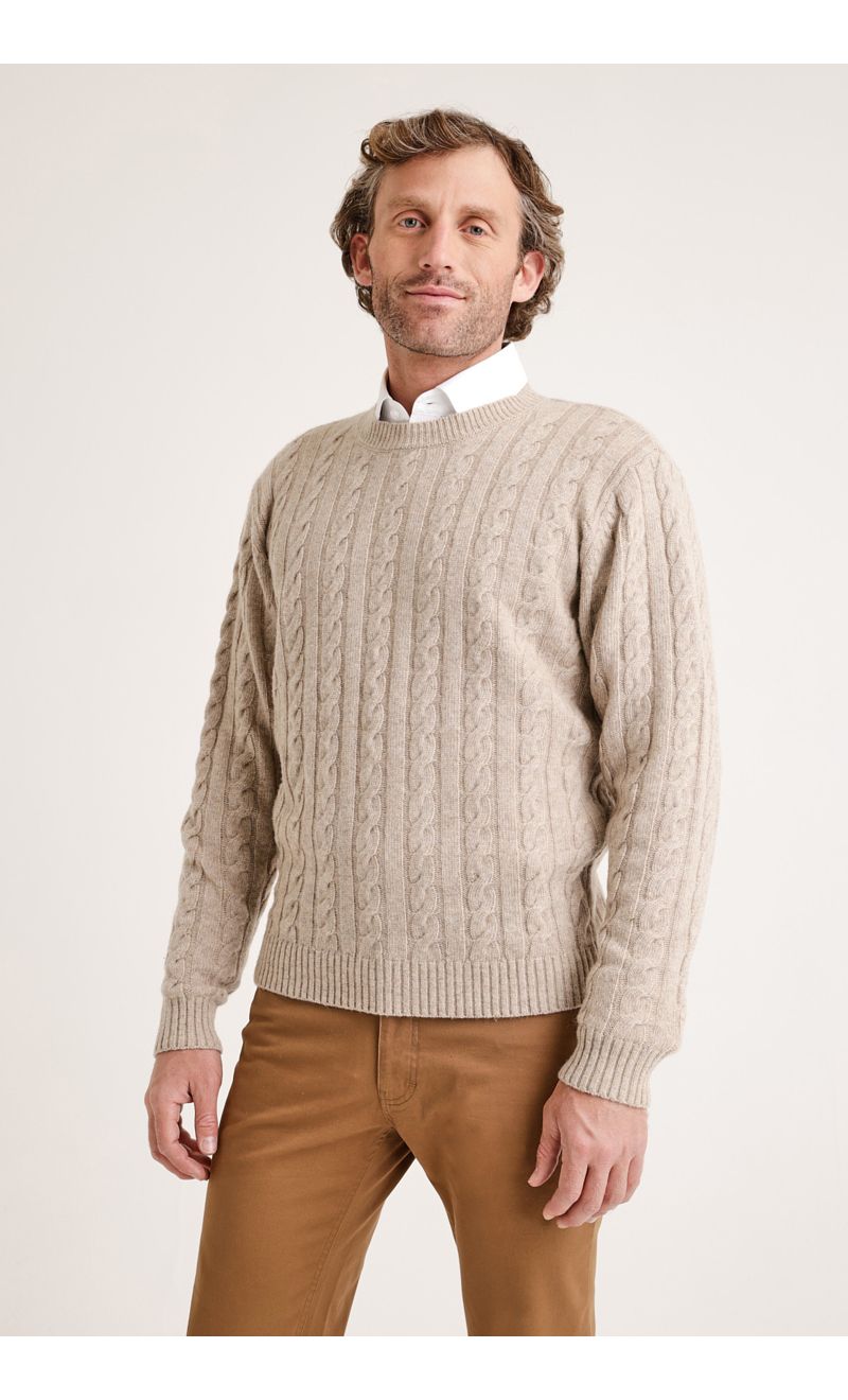 Sweater hombre cuello redondo trenzado beige Trial Trial