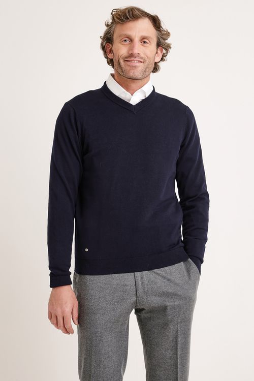 Sweater Hombre Algodón Cuello V Slim Parrot Azul Marino