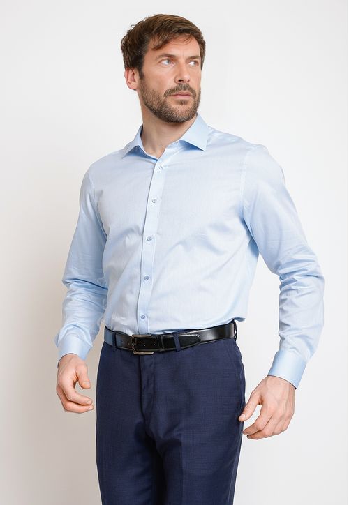 Camisa Formal Hombre Algodón Líneas Regular Classic Celeste