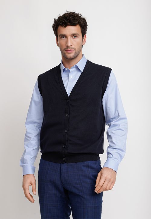 Cárdigan Hombre Formal Sin Mangas Lana Seda Azul Marino