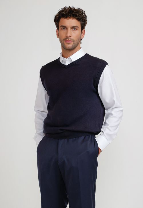 Sweater Cuello V Sin Mangas Lana Seda Azul Marino