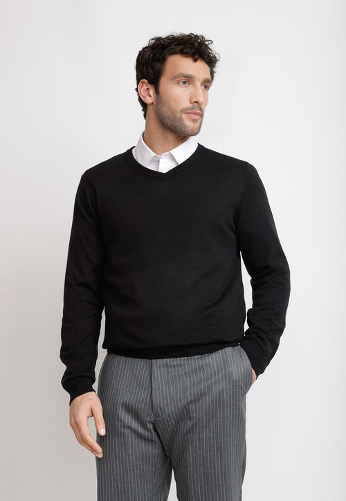 Sweater Cuello V Algodón Seda Negro