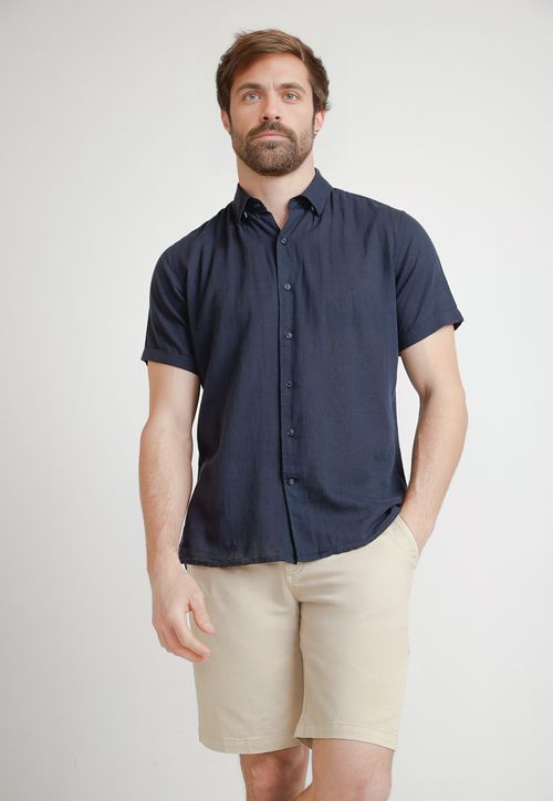 Camisa Hombre Mezcla Lino Algodón Liso Slim Boris Azul Marino