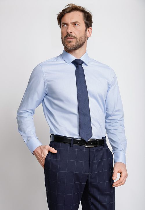 Camisa Formal Hombre Mezcla Algodón Liso Slim Dynamic Celeste
