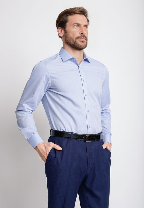 Camisa Formal Hombre Mezcla Algodón Lisa Slim Aniversario Celeste