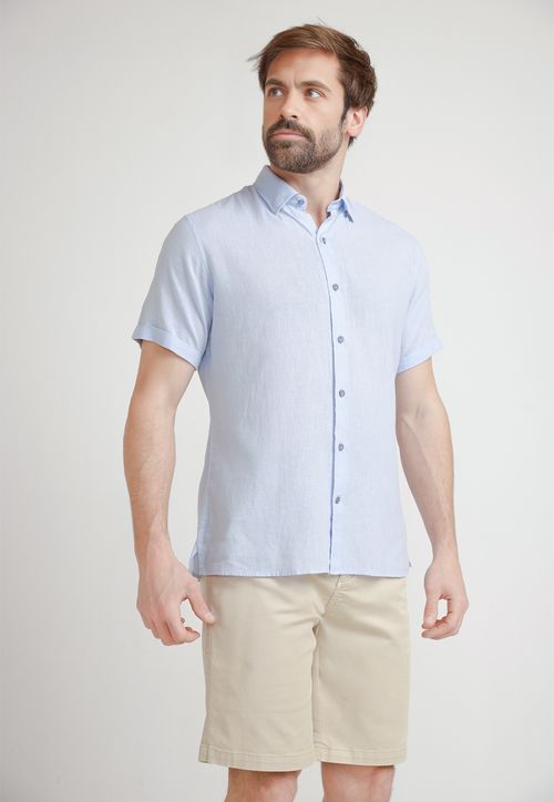 Camisa Hombre Mezcla Lino Algodón Liso Slim Boris Celeste