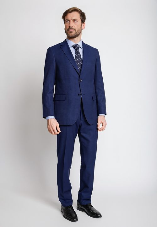 Traje Formal Hombre  Mezcla Lana Cuadros Regular Business Azulino