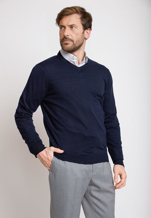 Sweater Formal Hombre Mezcla Algodón Seda Slim Cuello V Azul Melange