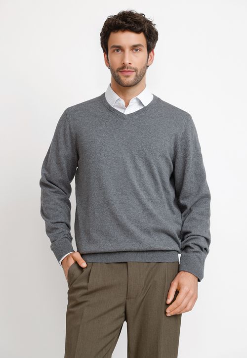 Sweater Hombre Formal Cuello V Algodón Cashmere Classic Gris Melange
